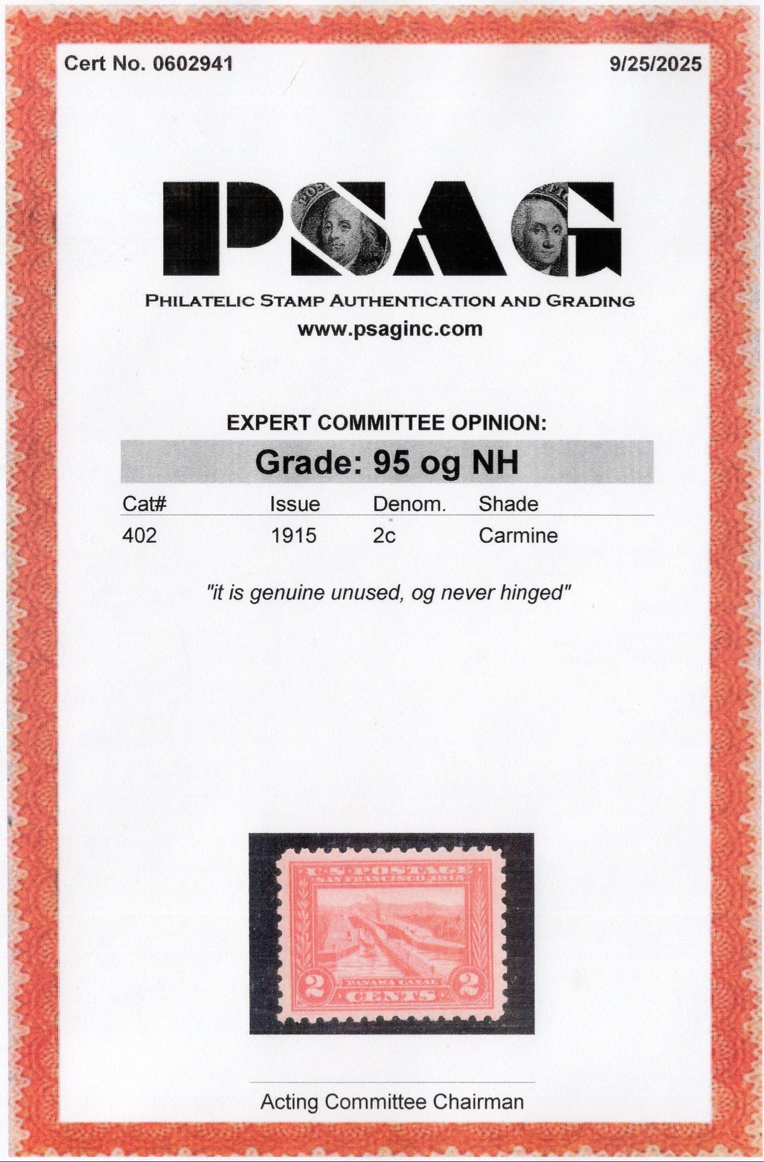 PSAG graded stamp certificate JW002