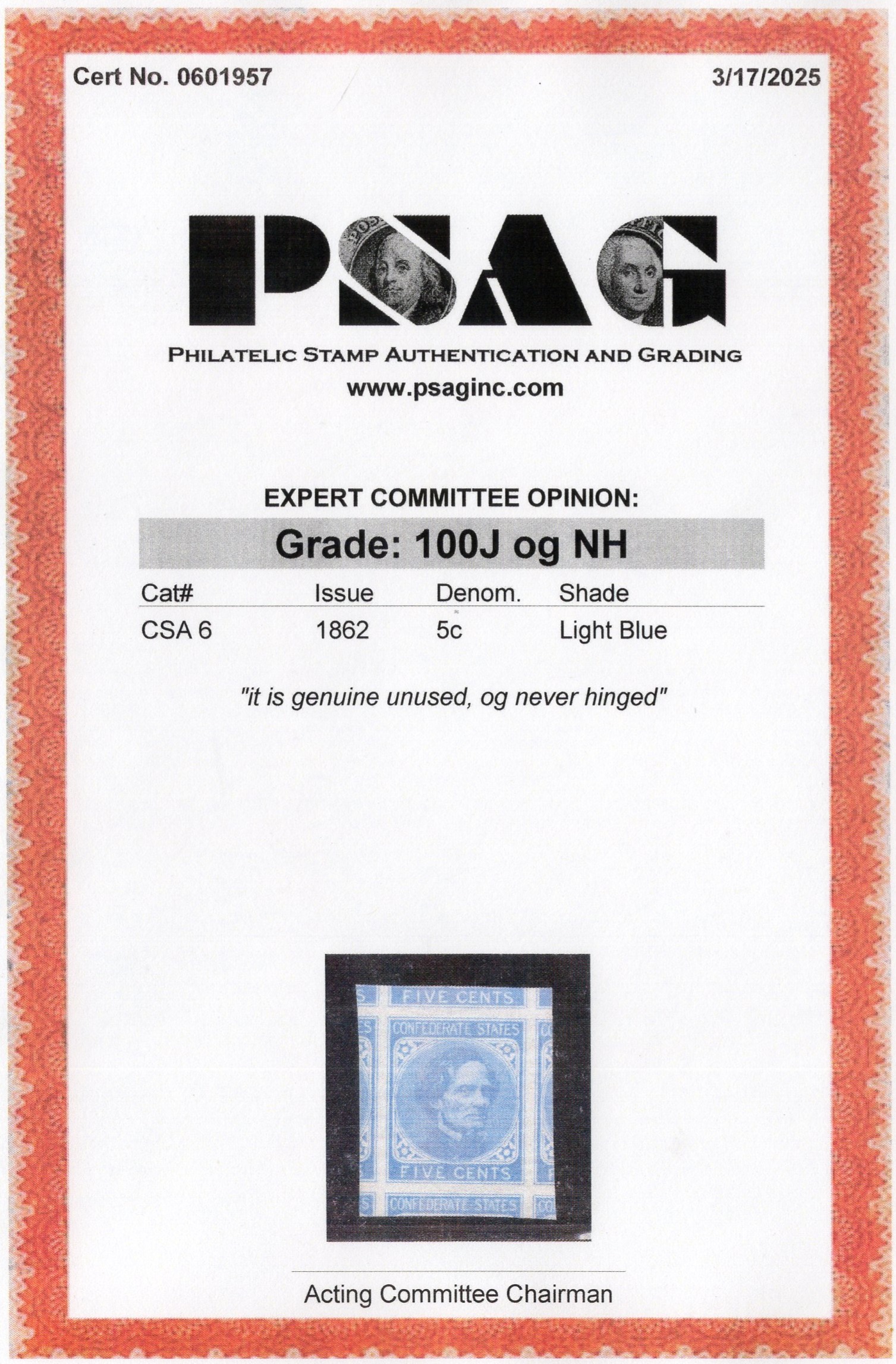PSAG graded stamp certificate JW003