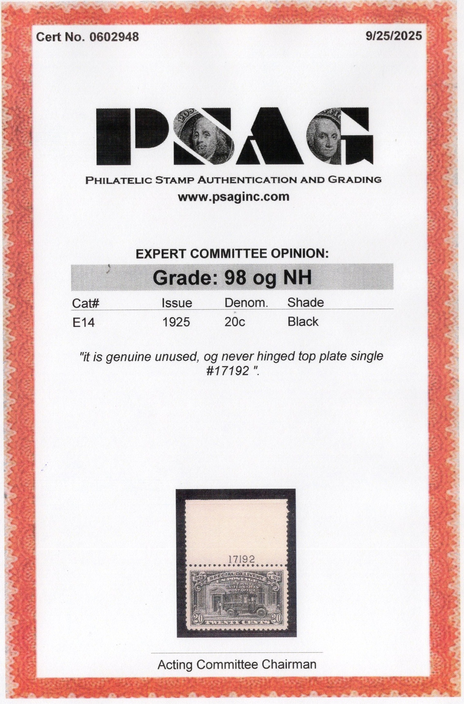 PSAG graded stamp certificate JW004