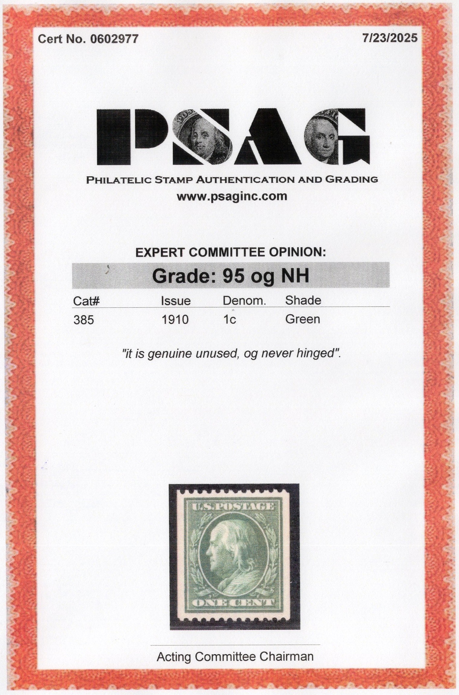 PSAG graded stamp certificate JW005