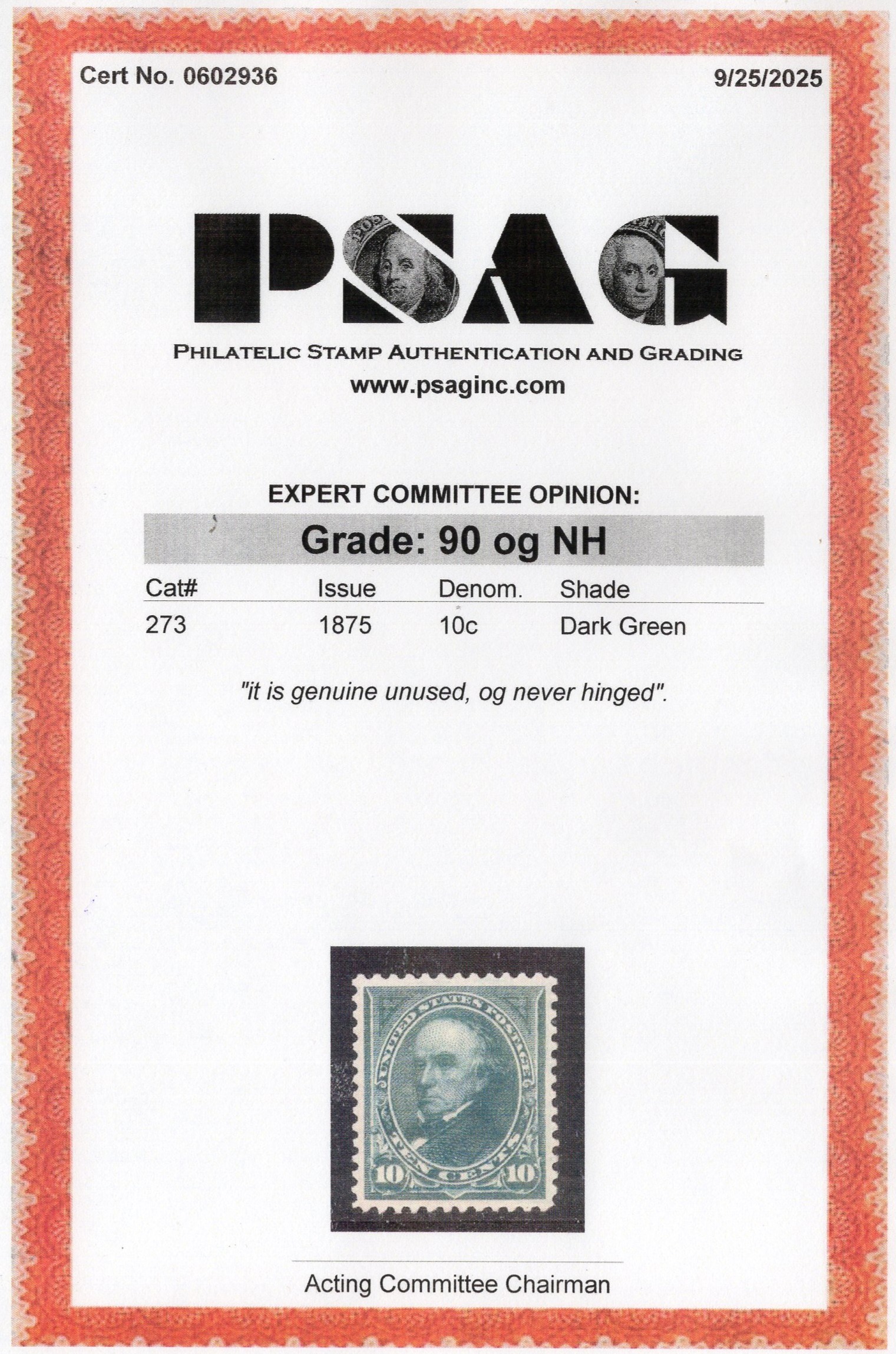 PSAG graded stamp certificate JW006